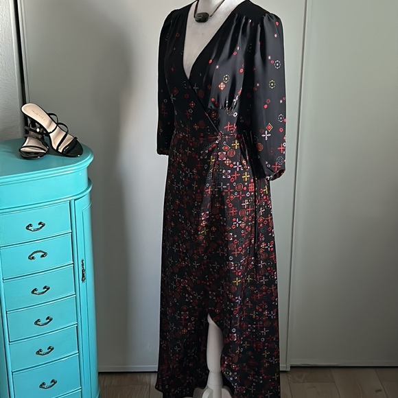 Express Women’s Floral Maxi Dress Striking High Low Surplice Faux Wrap V-Neck - Picture 13 of 13